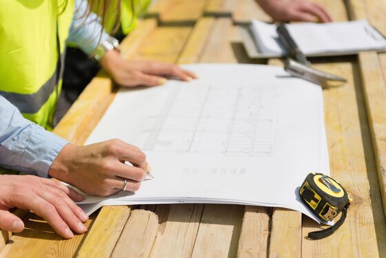 profesion trabajando en un sitio de construccion revisando planos tecnicos